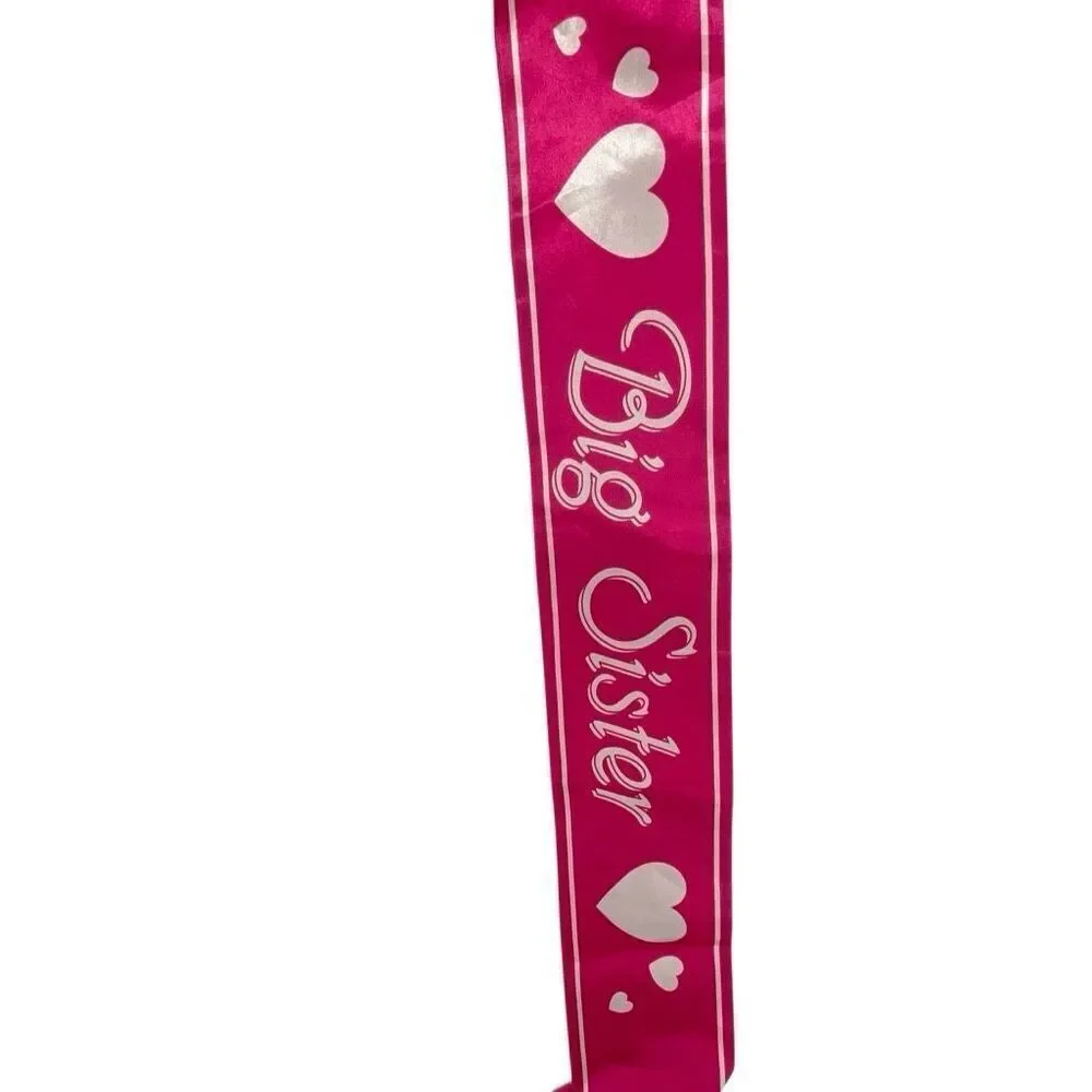 Big Sister Pink Satin Sash Heart Print Party Celebration Accessory